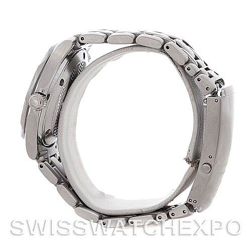 The image shows the Omega Seamaster 2223.80.00 Men's Stainless Steel Blue Dial 2223.80.00 Men's Stainless Steel Blue Dial watch from a side angle, highlighting the bracelet, case, and crown.