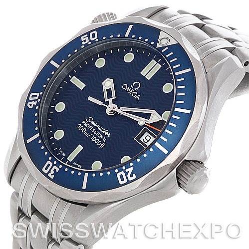 The image shows an Omega Seamaster 2223.80.00 Men's Stainless Steel Blue Dial 2223.80.00 Men's Stainless Steel Blue Dial watch at a three-quarter angle, highlighting the dial, bezel, bracelet, and crown.