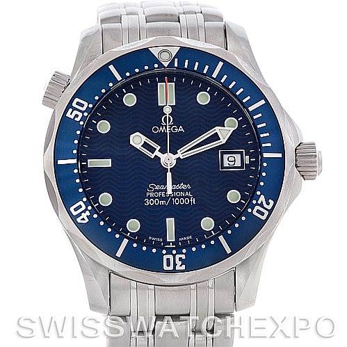 This image shows a front view of an Omega Seamaster 2223.80.00 Men's Stainless Steel Blue Dial 2223.80.00 Men's Stainless Steel Blue Dial watch, highlighting its dial, hands, bezel, and part of the bracelet.