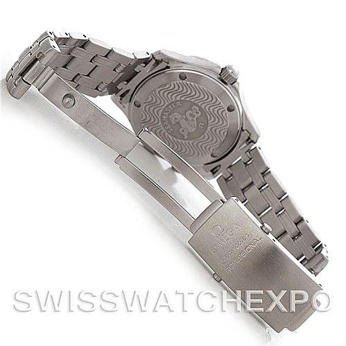 The image shows the back and clasp of the Omega Seamaster 2223.80.00 Men's Stainless Steel Blue Dial 2223.80.00 Men's Stainless Steel Blue Dial watch, highlighting the bracelet and case back details.