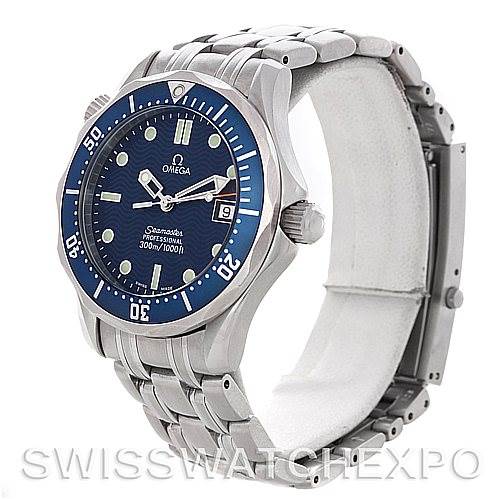 This is a side angle view of the Omega Seamaster 2223.80.00 Men's Stainless Steel Blue Dial 2223.80.00 Men's Stainless Steel Blue Dial watch, showcasing the dial, bezel, crown, and part of the bracelet.