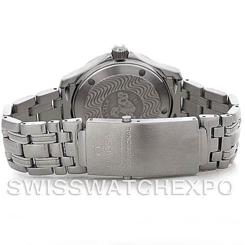 The image shows the back view of the Omega Seamaster 2223.80.00 Men's Stainless Steel Blue Dial 2223.80.00 Men's Stainless Steel Blue Dial watch, highlighting the clasp, bracelet, and case back.