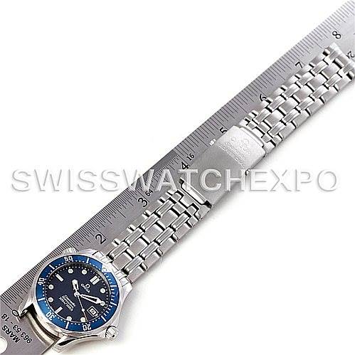 The Omega Seamaster 2223.80.00 Men's Stainless Steel Blue Dial 2223.80.00 Men's Stainless Steel Blue Dial watch is displayed horizontally, showing its blue dial and metal bracelet next to a ruler for size reference.