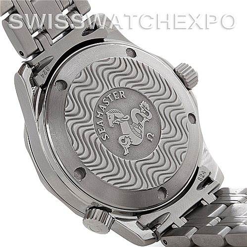 The image shows the back case and part of the bracelet of an Omega Seamaster 2223.80.00 Men's Stainless Steel Blue Dial 2223.80.00 Men's Stainless Steel Blue Dial watch.