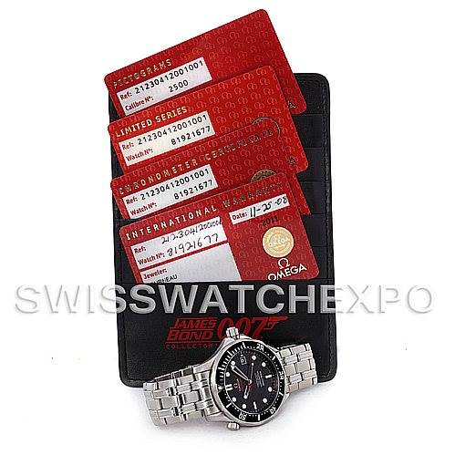 The image shows an Omega Seamaster 212.30.41.20.01.001 Men's Stainless Steel Black Dial 212.30.41.20.01.001 Men's Stainless Steel Black Dial watch alongside four red warranty cards.