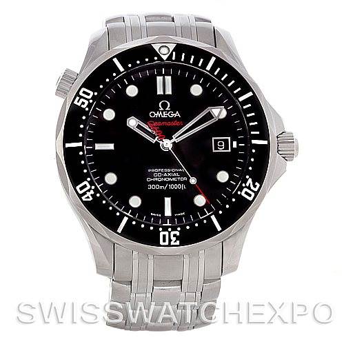 This image shows a front view of an Omega Seamaster 212.30.41.20.01.001 Men's Stainless Steel Black Dial 212.30.41.20.01.001 Men's Stainless Steel Black Dial watch, highlighting the dial, bezel, and stainless steel bracelet.