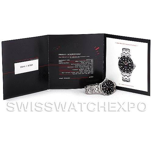 The image shows an Omega Seamaster 212.30.41.20.01.001 Men's Stainless Steel Black Dial 212.30.41.20.01.001 Men's Stainless Steel Black Dial watch laying next to its open product manual displaying a description and watch image.