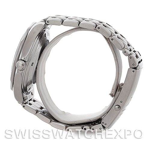 This image shows a side view of the Omega Seamaster 212.30.41.20.01.001 Men's Stainless Steel Black Dial 212.30.41.20.01.001 Men's Stainless Steel Black Dial watch, highlighting the case, bracelet, and the crown.