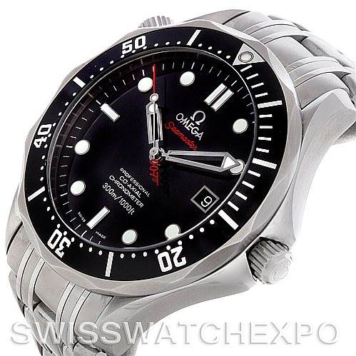 The image shows an angled close-up view of the Omega Seamaster 212.30.41.20.01.001 Men's Stainless Steel Black Dial 212.30.41.20.01.001 Men's Stainless Steel Black Dial watch, highlighting the face, bezel, and part of the bracelet.