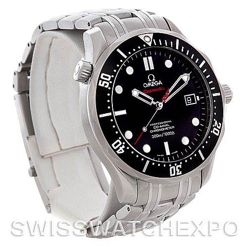 The image shows an Omega Seamaster 212.30.41.20.01.001 Men's Stainless Steel Black Dial 212.30.41.20.01.001 Men's Stainless Steel Black Dial watch at a three-quarter angle, highlighting its stainless steel bracelet, black dial, bezel, and crown.