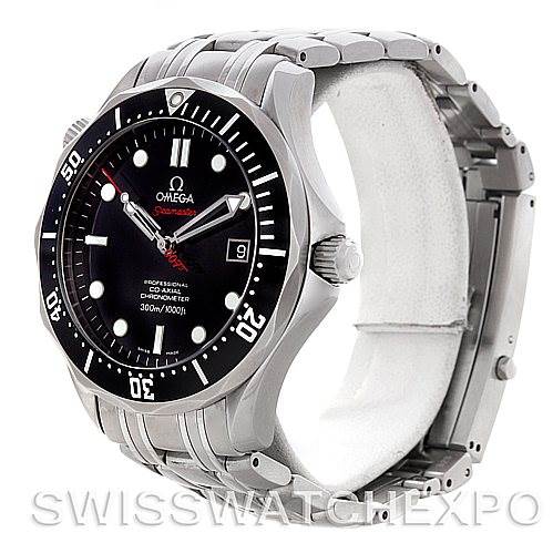 The Omega Seamaster 212.30.41.20.01.001 Men's Stainless Steel Black Dial 212.30.41.20.01.001 Men's Stainless Steel Black Dial watch is shown at a three-quarter angle highlighting its face, bezel, and metal bracelet.