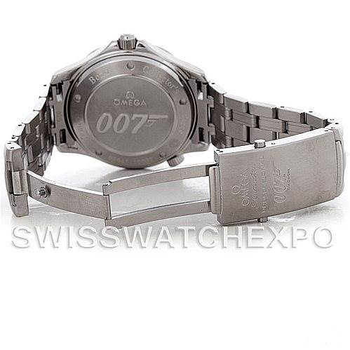 This image shows the back view of an Omega Seamaster 212.30.41.20.01.001 Men's Stainless Steel Black Dial 212.30.41.20.01.001 Men's Stainless Steel Black Dial watch, highlighting the case back and stainless steel bracelet with a clasp.