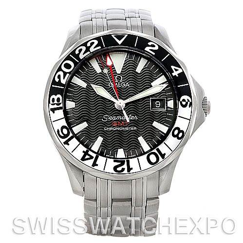 The image shows a front view of an Omega Seamaster 2534.50.00 Men
s Stainless Steel Black Dial 2534.50.00 Men
s Stainless Steel Black Dial watch, highlighting the face, bezel, and a portion of the bracelet.