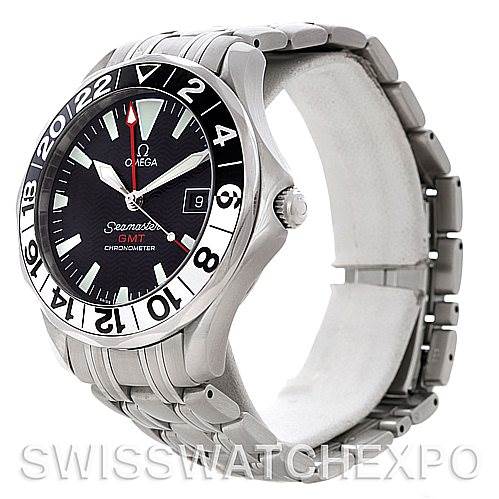 The image shows a side view of an Omega Seamaster 2534.50.00 Men
s Stainless Steel Black Dial 2534.50.00 Men
s Stainless Steel Black Dial GMT Chronometer watch, highlighting the face, bezel, crown, and stainless steel bracelet.