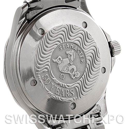 The image shows the case back of an Omega Seamaster 2534.50.00 Men
s Stainless Steel Black Dial 2534.50.00 Men
s Stainless Steel Black Dial watch, displaying an engraved design and "50 Years" text.