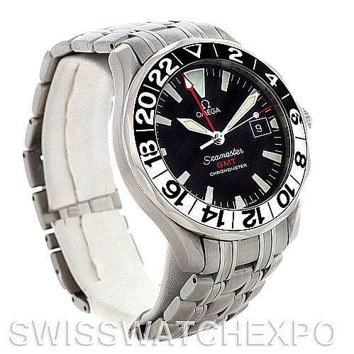 This image shows an Omega Seamaster 2534.50.00 Men
s Stainless Steel Black Dial 2534.50.00 Men
s Stainless Steel Black Dial watch at a three-quarter angle, highlighting the watch face, bezel, and bracelet.