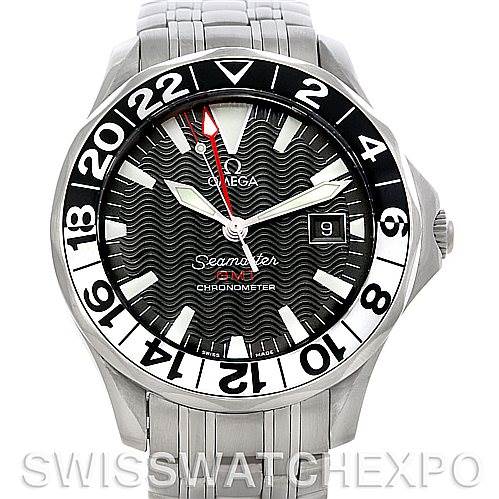 The image shows a front view of the Omega Seamaster 2534.50.00 Men
s Stainless Steel Black Dial 2534.50.00 Men
s Stainless Steel Black Dial watch, highlighting its dial, bezel, and part of the metal bracelet.