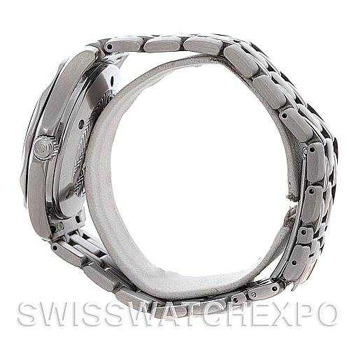 The image shows a side view of an Omega Seamaster 2534.50.00 Men
s Stainless Steel Black Dial 2534.50.00 Men
s Stainless Steel Black Dial watch, highlighting the case, bezel, and metal bracelet.