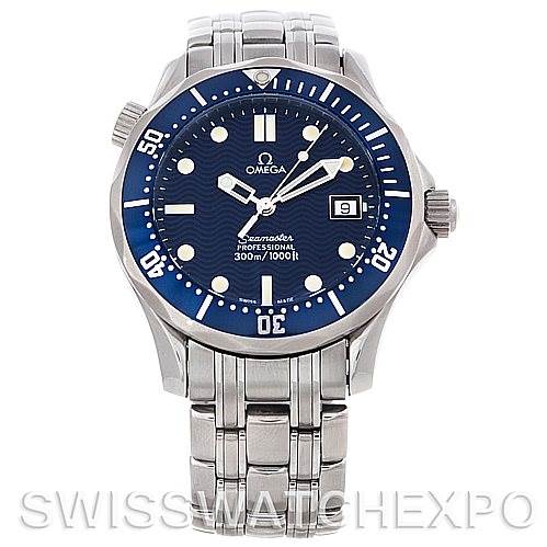 The image shows a frontal view of the Omega Seamaster 2223.80.00 Men's Stainless Steel Blue Dial 2223.80.00 Men's Stainless Steel Blue Dial watch, displaying the dial, bezel, bracelet, and crown.