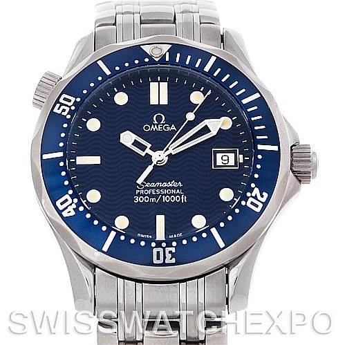This is a front view of an Omega Seamaster 2223.80.00 Men's Stainless Steel Blue Dial 2223.80.00 Men's Stainless Steel Blue Dial Professional watch, displaying its blue dial, bezel, and metallic bracelet.