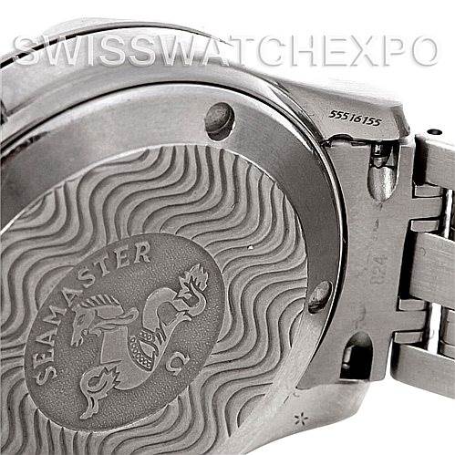 This image shows the case back and part of the bracelet of an Omega Seamaster 2223.80.00 Men's Stainless Steel Blue Dial 2223.80.00 Men's Stainless Steel Blue Dial watch.