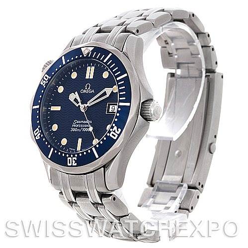 The image shows a three-quarter view of an Omega Seamaster 2223.80.00 Men's Stainless Steel Blue Dial 2223.80.00 Men's Stainless Steel Blue Dial watch highlighting the face, bezel, crown, and bracelet.