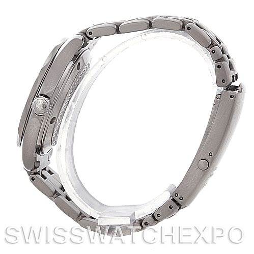 The image shows a side profile of the Omega Seamaster 2223.80.00 Men's Stainless Steel Blue Dial 2223.80.00 Men's Stainless Steel Blue Dial watch, highlighting its case, bezel, bracelet, and crown.