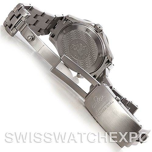 The image shows the back and clasp of an Omega Seamaster 2223.80.00 Men's Stainless Steel Blue Dial 2223.80.00 Men's Stainless Steel Blue Dial watch, highlighting the bracelet and case back.