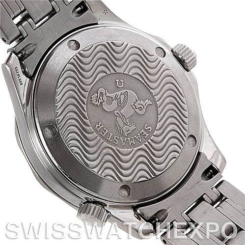 This image shows the case back and a portion of the bracelet of an Omega Seamaster 2223.80.00 Men's Stainless Steel Blue Dial 2223.80.00 Men's Stainless Steel Blue Dial watch.