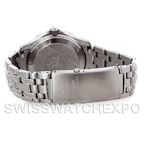 The image shows the back view of an Omega Seamaster 2223.80.00 Men's Stainless Steel Blue Dial 2223.80.00 Men's Stainless Steel Blue Dial watch, highlighting its clasp and stainless steel bracelet.