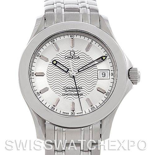 The image shows a front view of an Omega Seamaster 2501.31.00 Men's Stainless Steel Silver Dial 2501.31.00 Men's Stainless Steel Silver Dial watch, highlighting its dial, bezel, crown, and stainless steel bracelet.