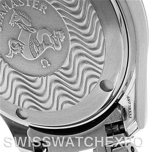 The image shows the case back of the Omega Seamaster 2501.31.00 Men's Stainless Steel Silver Dial 2501.31.00 Men's Stainless Steel Silver Dial watch, featuring its engraved emblem and serial number.