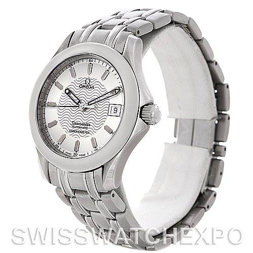 This image shows a side angle view of an Omega Seamaster 2501.31.00 Men's Stainless Steel Silver Dial 2501.31.00 Men's Stainless Steel Silver Dial watch, displaying its full face, bezel, crown, and metal bracelet.