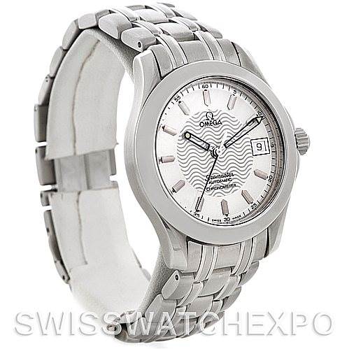 The image shows a front angle of an Omega Seamaster 2501.31.00 Men's Stainless Steel Silver Dial 2501.31.00 Men's Stainless Steel Silver Dial watch, highlighting the dial, bezel, crown, bracelet, and clasp.