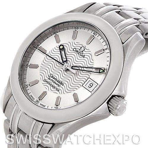 This image shows a close-up, angled front side of an Omega Seamaster 2501.31.00 Men's Stainless Steel Silver Dial 2501.31.00 Men's Stainless Steel Silver Dial watch, displaying its dial, bezel, and part of the bracelet.