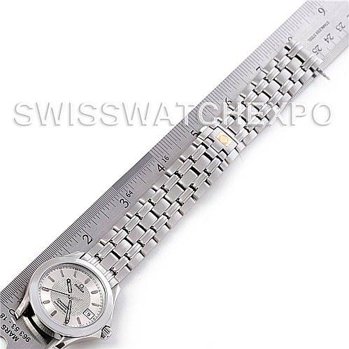 The image shows an Omega Seamaster 2501.31.00 Men's Stainless Steel Silver Dial 2501.31.00 Men's Stainless Steel Silver Dial watch laid flat against a ruler, displaying its face, bracelet, and size measurement.