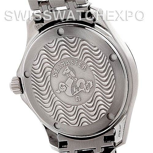 The image shows the case back of an Omega Seamaster 2501.31.00 Men's Stainless Steel Silver Dial 2501.31.00 Men's Stainless Steel Silver Dial watch, featuring a wavy pattern and the Seamaster logo.
