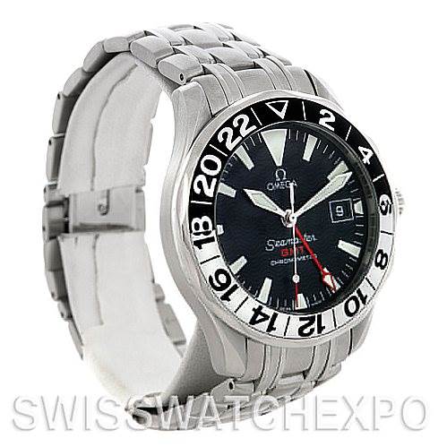 The image shows a side and front angled view of the Omega Seamaster 2534.50.00 Men
s Stainless Steel Black Dial 2534.50.00 Men
s Stainless Steel Black Dial watch, highlighting its bezel, dial, and stainless steel bracelet.