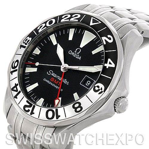 This Omega Seamaster 2534.50.00 Men
s Stainless Steel Black Dial 2534.50.00 Men
s Stainless Steel Black Dial watch is shown at an angled view highlighting the face, bezel, crown, and part of the bracelet.