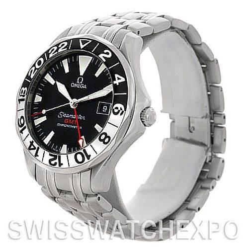 The Omega Seamaster 2534.50.00 Men
s Stainless Steel Black Dial 2534.50.00 Men
s Stainless Steel Black Dial watch is shown at an angle highlighting its face, bezel, crown, and metal bracelet.
