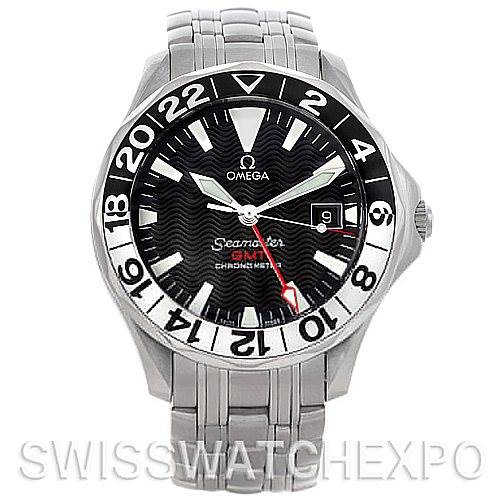 The image shows a front view of the Omega Seamaster 2534.50.00 Men
s Stainless Steel Black Dial 2534.50.00 Men
s Stainless Steel Black Dial watch, highlighting its face, bezel, and part of the bracelet.