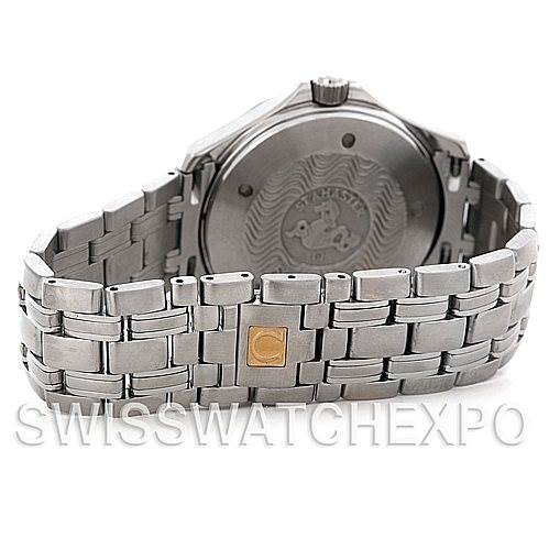 This image shows the back case and bracelet of the Omega Seamaster 2534.50.00 Men
s Stainless Steel Black Dial 2534.50.00 Men
s Stainless Steel Black Dial watch, emphasizing the clasp and the engraved case back.