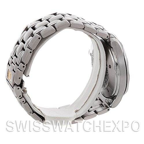 The image shows the side view of the Omega Seamaster 2534.50.00 Men
s Stainless Steel Black Dial 2534.50.00 Men
s Stainless Steel Black Dial with a focus on its metal bracelet and case.