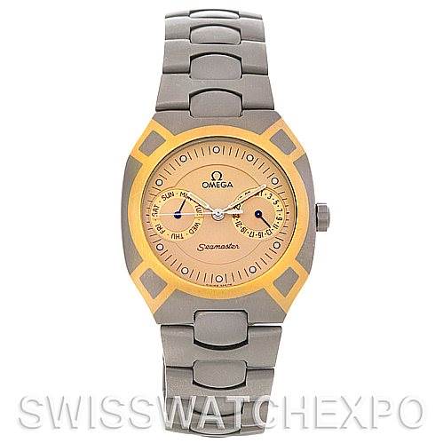 This image shows a front view of the Omega Seamaster 2510.40 Men's Titanium Champagne Dial 2510.40 Men's Titanium Champagne Dial watch, highlighting the dial, bezel, case, and metallic bracelet.