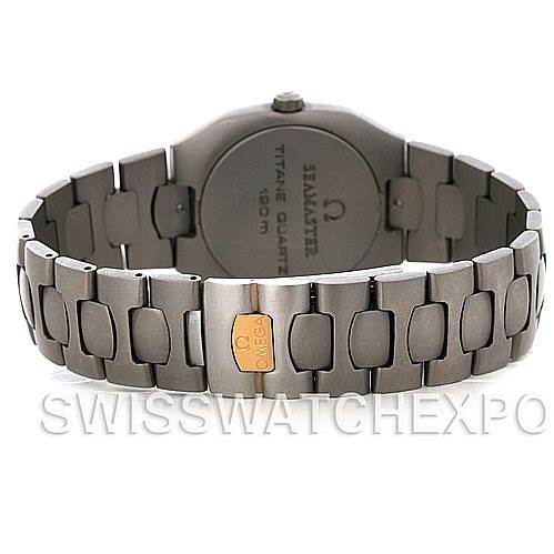 The image shows the Omega Seamaster 2510.40 Men's Titanium Champagne Dial 2510.40 Men's Titanium Champagne Dial watch from the back, highlighting the titanium bracelet and case back.