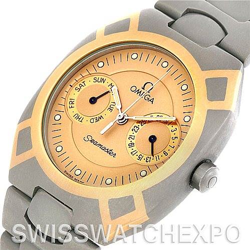 The image shows an Omega Seamaster 2510.40 Men's Titanium Champagne Dial 2510.40 Men's Titanium Champagne Dial watch at an angle revealing its face, bezel, and a portion of the bracelet.