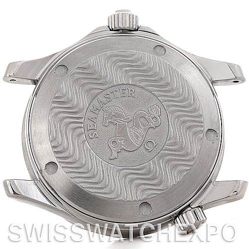 This image shows the back case of an Omega Seamaster 2252.50.00 Men's Stainless Steel Black Dial 2252.50.00 Men's Stainless Steel Black Dial watch, featuring the engraved Seamaster logo.