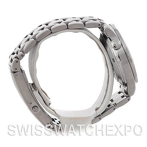 The Omega Seamaster 2252.50.00 Men's Stainless Steel Black Dial 2252.50.00 Men's Stainless Steel Black Dial model is shown from a side angle, highlighting the bracelet and crown.