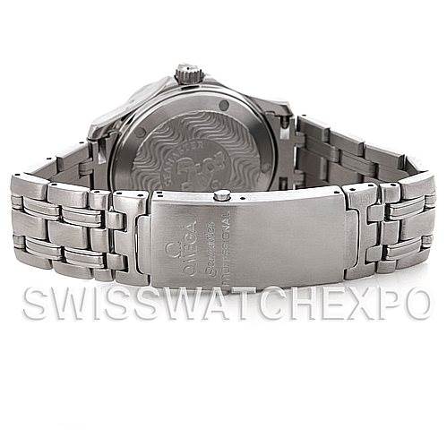 The image shows the back view of an Omega Seamaster 2252.50.00 Men's Stainless Steel Black Dial 2252.50.00 Men's Stainless Steel Black Dial watch, highlighting the case back and metal bracelet with the clasp logo.