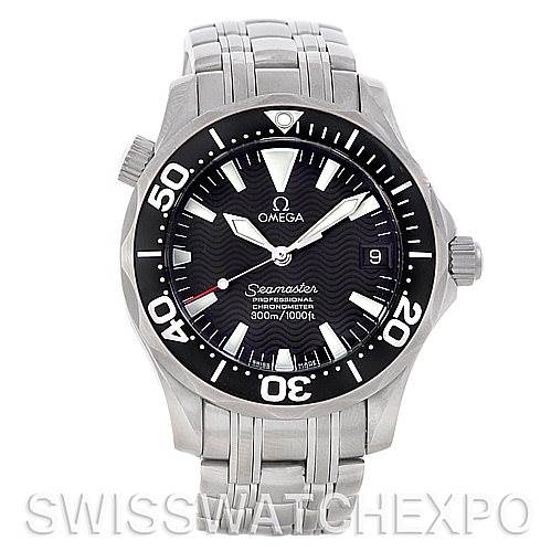 The image shows a front view of the Omega Seamaster 2252.50.00 Men's Stainless Steel Black Dial 2252.50.00 Men's Stainless Steel Black Dial watch, highlighting the dial, bezel, hands, and full bracelet.